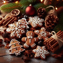 Obraz na płótnie Canvas Christmas gingerbread cookies lie on the table together with cinnamon and pine cones