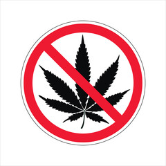Prohibition sign. Hemp. Black forbidden marijuana leaf icon. Prohibited illegal cannabis.