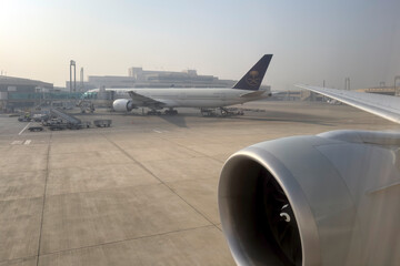 Saudi Airline in Parking at Karachi international Airport  - obrazy, fototapety, plakaty