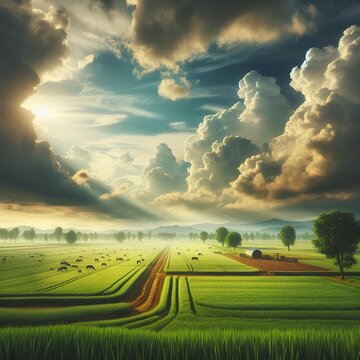 green field farm againts cloudy sky