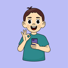 Boy smiling, holding smartphone, other hand showing ok gesture, praising good app on smartphone