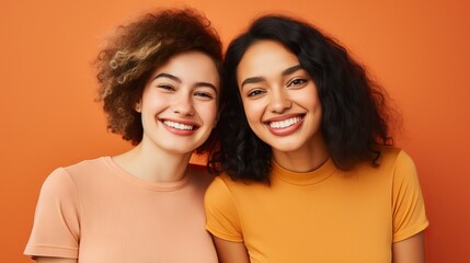 Young Friends Smiling in Orange Background Generative AI