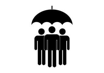 Icono negro de grupo de personas protegido por un paraguas. 