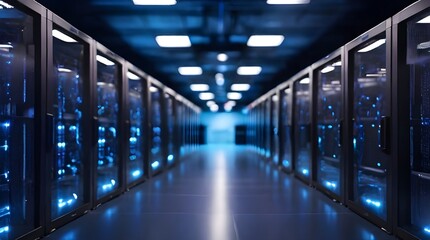Obraz premium Closeup of server room corridor with glowing lights. Internet of things, big data protection, storage, cryptocurrency farm, detailed visualization, data flow, saas, cloud storage, technology concept