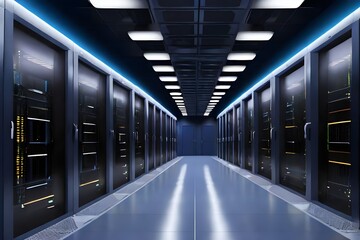 Fototapeta premium Closeup of server room corridor with glowing lights. Internet of things, big data protection, storage, cryptocurrency farm, cloud computing, detailed visualization, data flow, saas, cloud storage conc