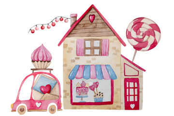 Obraz na płótnie Canvas Hand-Drawn Watercolor Illustration Features Vector Clipart Of A Bakery With Cupcakes And A Car With A Cupcake On The Roof
