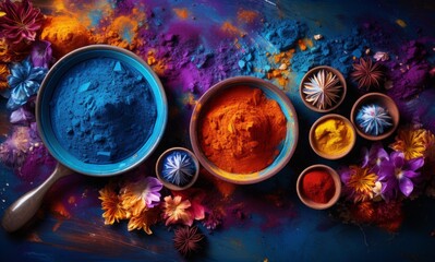 Holi festival concept holi multicolor powders on decorated clay pots on right side background