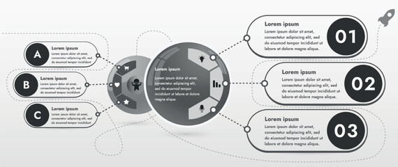 Three infographic elements with 6 and 3 sections for information. The set will help you present your data in a modern way. Use the collection to create presentations, create animated infographics.