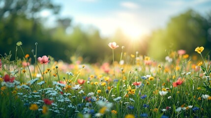 A sunny spring day with a blurred meadow background, covered in young flowers and greenery.