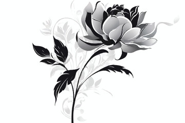 Black white flower isolated on white background. Abstract flower illustration. Flower on a white background. Black-and-white photo. Flower background.  Minimalistic monochrome botanical design.