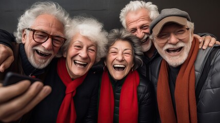 Elderly friends taking a group selfie in a minimalistic, cinematic setting Generative AI