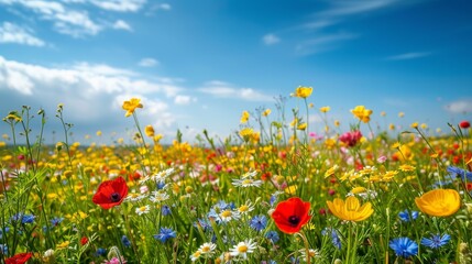 A vibrant meadow covered in wildflowers, with a clear blue sky and a gentle breeze.