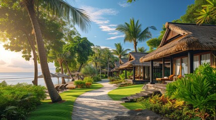 A luxurious beachfront resort, surrounded by tropical gardens, offering an oasis of serenity. - obrazy, fototapety, plakaty