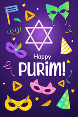Happy Purim poster for party, banner, Jewish holiday. Religious holidays and events