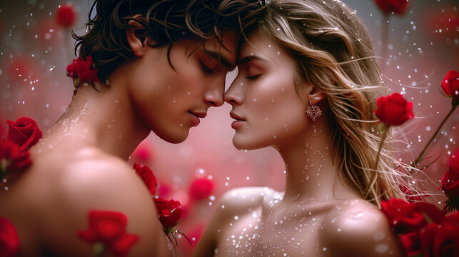 Couple aux épaules nues sous la pluie dans un champ de roses rouges