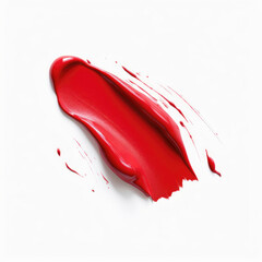 Red lipstick swatch on white background. Brush stroke swipe sample. Beauty makeup cosmetic product texture.