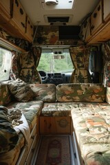the interior of a campervan, camo design