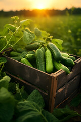 Cucumbers harvested in a wooden box with field and sunset in the background. Natural organic fruit abundance. Agriculture, healthy and natural food concept. Vertical composition.