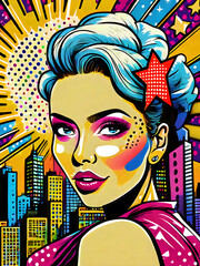 Colourful PopArt Illustration Of a Girl With Skyline In The Background