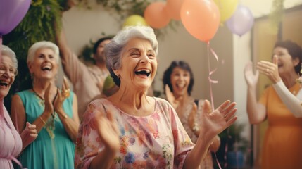 Happy senior women celebrating a birthday Generative AI - obrazy, fototapety, plakaty