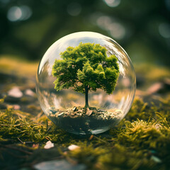 Tree in a crystal ball in the the forest, concept saving the world.