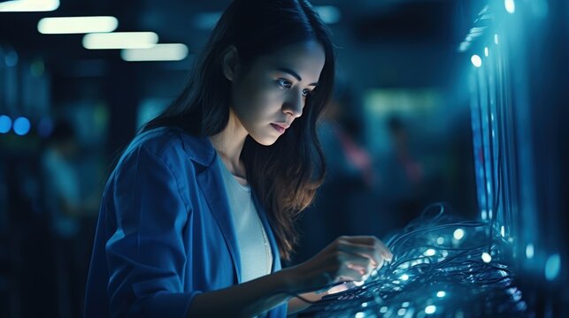 Technician Woman in Data Center Management and Cybersecurity Focus Generative AI