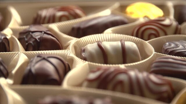 Box of assorted chocolates pralines with smooth rotation motion close up view

