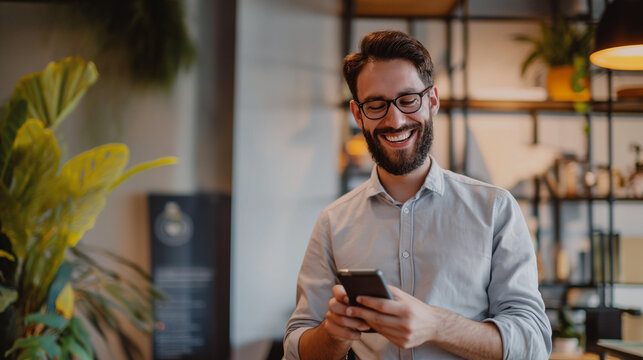 M&auml;nnlicher Arbeiter im B&uuml;ro mit Handy in der Hand