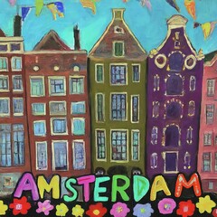 Colorful drawing of Amsterdam canal houses with the word Amsterdam written below