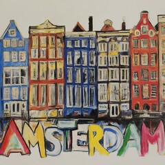 Colorful drawing of Amsterdam canal houses with the word Amsterdam written below