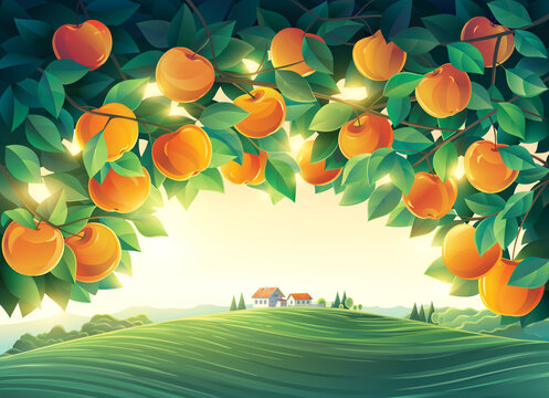 View of the rural landscape with village, through the branches of an apple orchard. Raster illustration.