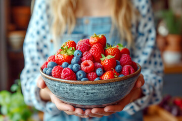 Woman presenting a bowl of mixed berries in a kitchen
