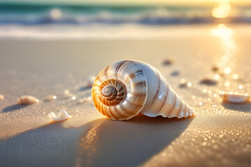 Translucent iridescent spiral seashell on the beach