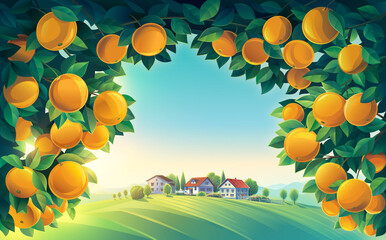 Illustration of a rural scenery, with orange tree branches in the foreground, and a villages in the background. Raster illustration.