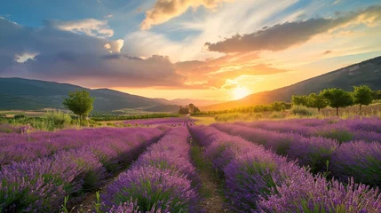 Schilderijen op glas Wonderful scenery, amazing summer landscape of blooming lavender flowers, peaceful sunset view © mirifadapt
