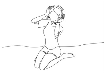 Young beautiful girl listening music in headphones continuous single line drawing vector illustration. Energetic woman with long hair listen to the music with earphone and enjoy dancing