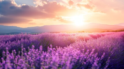 Wonderful scenery, amazing summer landscape of blooming lavender flowers, peaceful sunset view