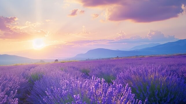 Wonderful scenery, amazing summer landscape of blooming lavender flowers, peaceful sunset view © mirifadapt