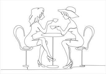 continuous line drawing of a women dining in a restaurant. Two beatiful women chatting and drinking coffee at a restourant. Two lady having a conversation one line drawing
