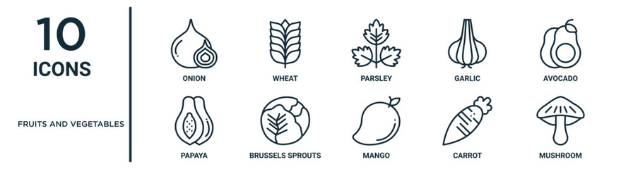 fruits and vegetables outline icon set such as thin line onion, parsley, avocado, brussels sprouts, carrot, mushroom, papaya icons for report, presentation, diagram, web design