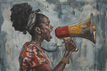 An African American woman protesting with a megaphone - obrazy, fototapety, plakaty