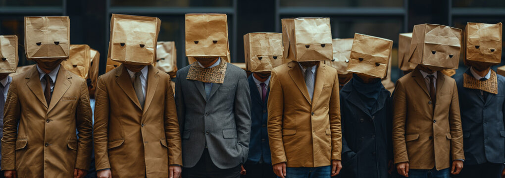A group of people with paper bags over their head