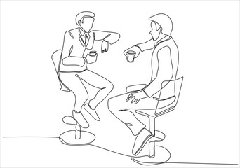 Single continuous line drawing of two young male workers have a casual chat over drink coffee during office break. Rest break at work concept. Modern one line draw design vector illustration graphic