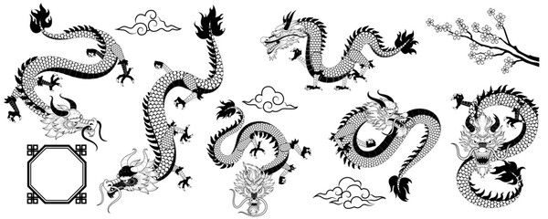 Dragon silhouette Celtic. New Year 2024, Chinese oriental cut, logo festival art Asia, Japanese card culture. Sakura flowers and clouds. Isolated astrology decorative elements. Vector tattoo set - obrazy, fototapety, plakaty