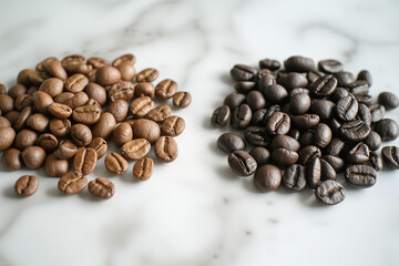 Obraz premium Two different types of coffee beans in flat lay background