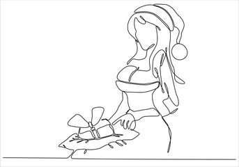 Continuous line drawing. Beautiful woman with box gift. Vector illustration. Concept for logo, card, banner, poster, flyer