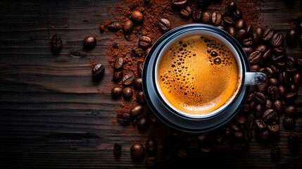 View from above of Cup of coffee and coffee beans