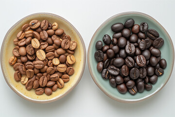 Fototapeta premium Two different types of coffee beans in flat lay background