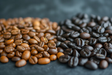 Two different types of coffee beans in flat lay background