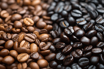 Fototapeta premium Two different types of coffee beans in flat lay background